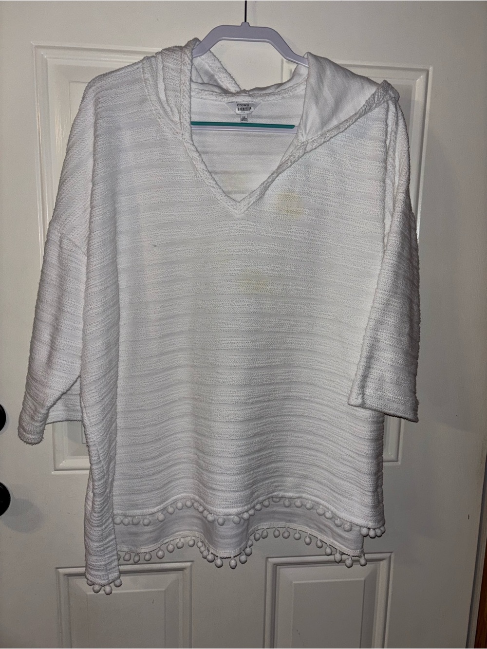 Crown White Hooded Knit Top with Textured Trim